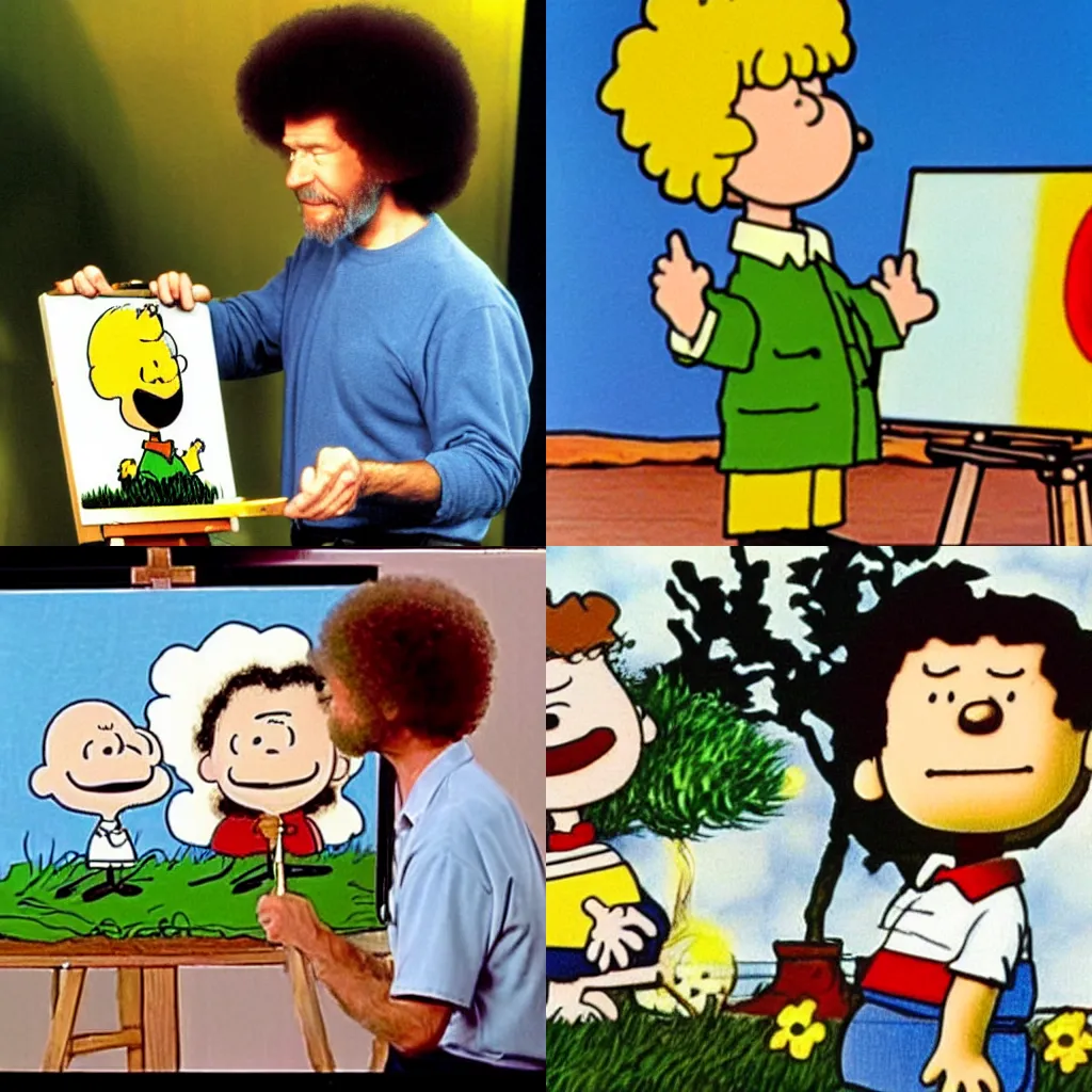 Image similar to Bob Ross painting a picture of Charlie Brown, tv show, 90s,