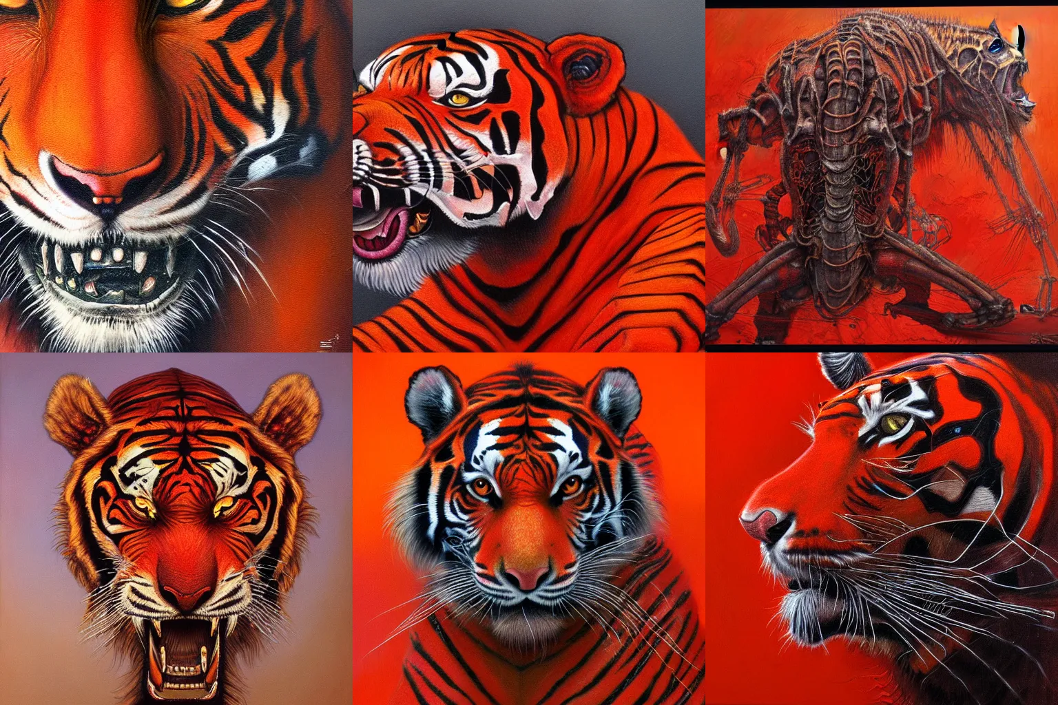 Prompt: a red and orange skeletal tiger, detailed, 4k, Chet Zar and Beksinski and Giger painting