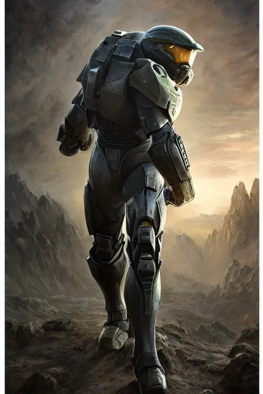 Prompt: master chief playing the morgan freeman, oil on canvas, intricate, portrait, 8 k highly professionally detailed, hdr, cgsociety