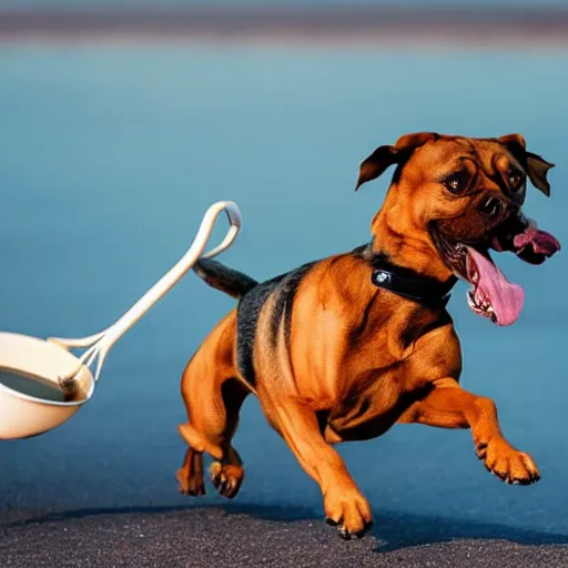 Prompt: a dog running away from a flying frying pan