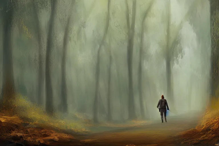 Prompt: concept art mood painting environment painting man walking down winding forest path 7 am early morning lord of the rings. style of ryan church jon mccoy george hull painting