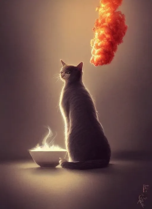 Image similar to a cat thinking about what he had done, vases slowly falling on on the ground, realistic smoke and explosions, elegant, highly detailed, digital illustration, trending in artstation, trending in pinterest, glamor photo, concept art, smooth, sharp focus, art by artgerm and greg rutkowski