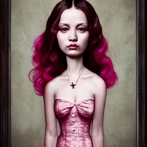 Image similar to a portrait of a beautiful woman with pink hair by mark ryden insanely quality, elegant, highly detailed, digital painting, artstation,, concept art, pop, smooth, sharp focus, illustration, art by mark ryden and 3 d 8 k ultra detailed