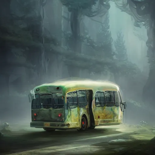 Prompt: Mythical creature - hybrid of bus and wolf, having head of wolf and long body of bus with wheels and windows, transforming from one to another, oil on canvas, fantasy, digital painting, concept art, smooth, sharp focus, illustration, artstation trending, octane render, unreal engine, Ghibli, anime style