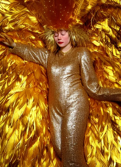 Prompt: realistic detailed photo of the sleeping person, wearing a golden leaf feathers fluffy fur carnival costume with golden sparkles. 1 9 9 0, life magazine reportage photo
