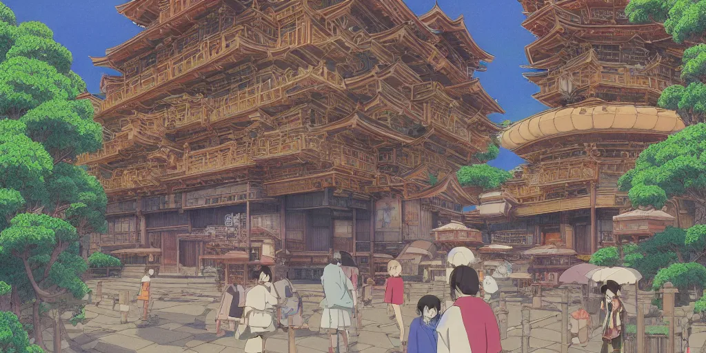 Prompt: bathhouse ( spirited away ), japanese, bright. photorealistic, expansive atmosphere, volumetric shading, intricate and detailed, vivid colors. breath of the wild style, by hayao miyazaki ghibli!!!. trending on artstation. award winning