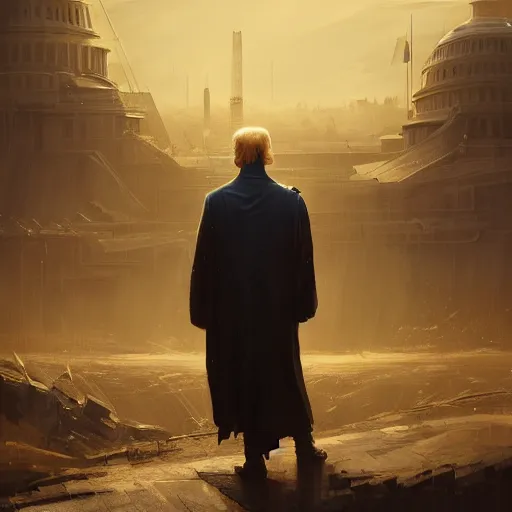 Prompt: Donald Trump as a jedi hero, capitol hill, post-apocalyptic, cinematic, atmospheric, highly detailed, artstation, wlop, stålenhag