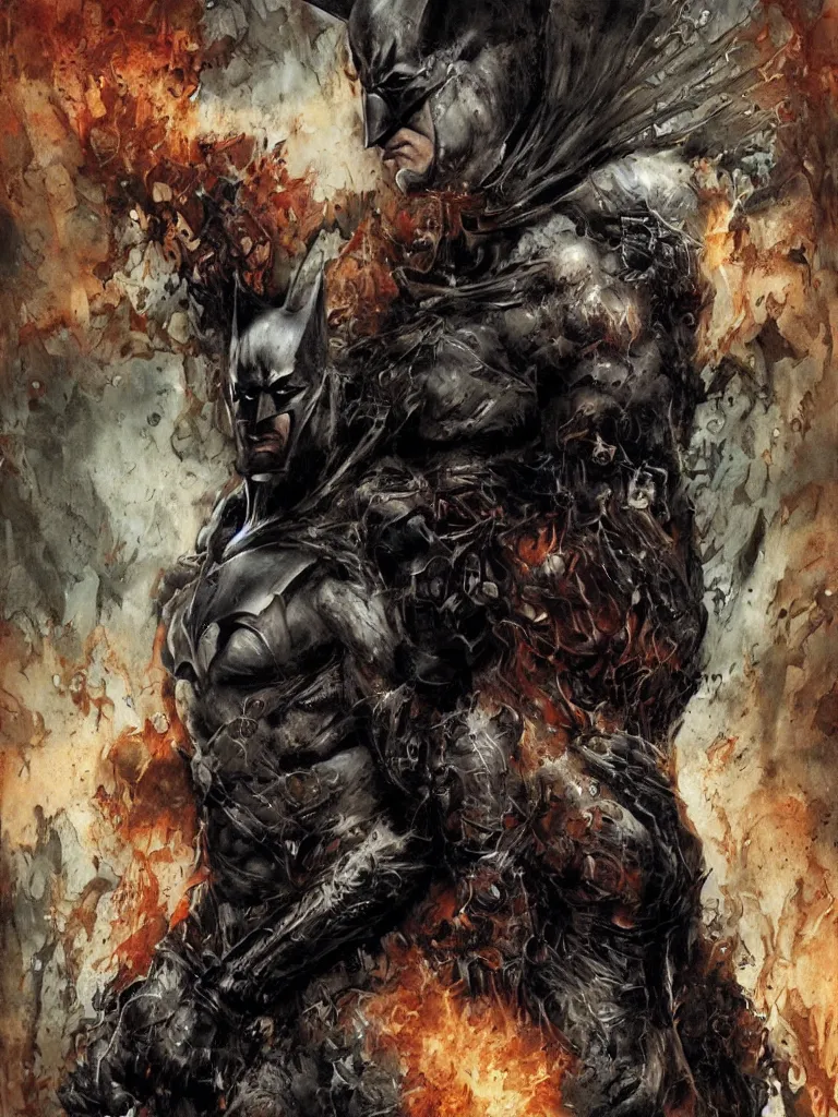 Prompt: ancient damned muscular slim batman, dark and gritty, fantasy artwork, warm colors, by seb mckinnon and lee bermejo