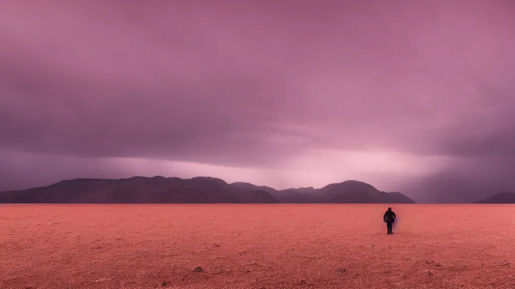 Image similar to a lone figure at the distance on soft glow pink desert with snow mountains and cloudy skies, purple fog, thunderstorms in the distance, long exposure, detailed, hyper realistic, photorealism, landscape, ultra wide angle view, peaceful, cinematic, volumetric lighting, god ray through clouds