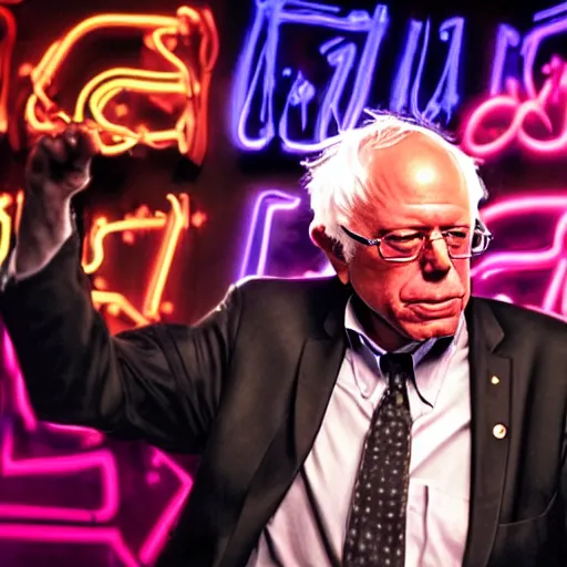 Image similar to Bernie Sanders as a famous rock musician with lots of saturated neon lights, studio photograph for his new hair metal album