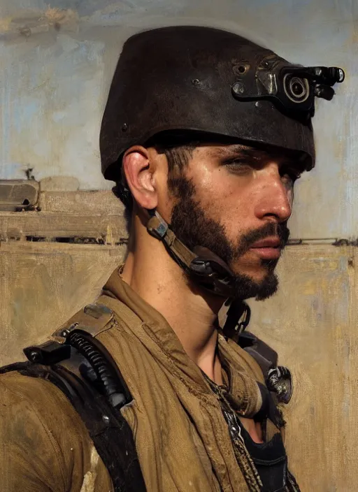 Image similar to Hector. cyberpunk pilot wearing military vest. attractive face. Iranian orientalist portrait by john william waterhouse and Edwin Longsden Long and Theodore Ralli and Nasreddine Dinet, oil on canvas. Cinematic, hyper realism, realistic proportions, dramatic lighting, high detail 4k