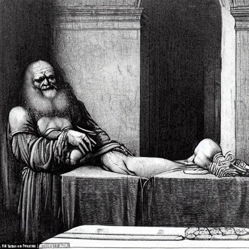 Image similar to a wider shot of the morgue. leonardo da vinci, in his late 3 0 ’ s, sits alone. he has parchment and a pen, and is sketching the human heart. in the background – past the heart – we see its occupant, a corpse