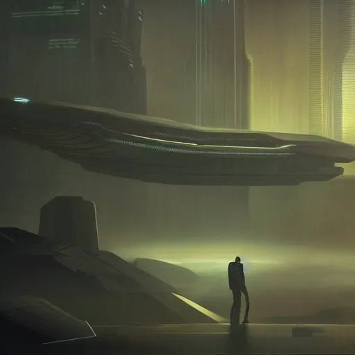 Image similar to cinematic view, giant futuristic cyberpunk spacecraft with small character silhouette in the foreground, blade runner, dense fog, bloom, cinematic lighting, ultra detailed, trending on artstation, dune style, mid tone, denis villeneuve