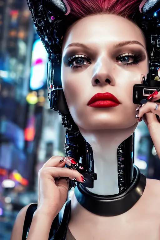 Image similar to fully clothed women dresses in a cyberpunk aesthetic in body suit and high heels with cybernetic eye implants standing at times square circa 2 3 0 0, detailed face!!, beautiful eyes, film still, wide lens, hyperrealism, incredible detail, 8 k resolution, zeiss lens, canon eos, artstation, redshift, octane, detailed face!!,