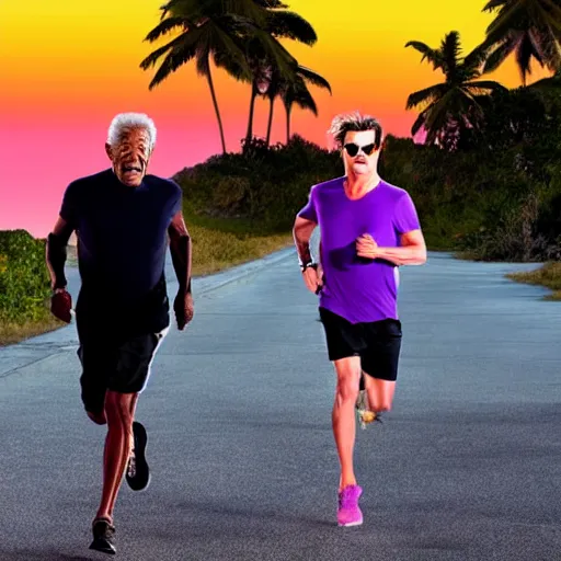 Image similar to morgan freeman and johnny depp running on a treadmill on a tropical island purple with a sunset, 4k hyperrealistic