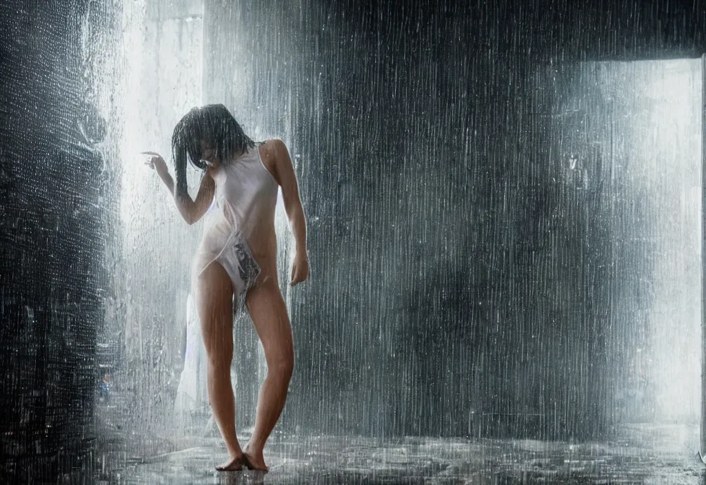 Prompt: hyperdetailed wide ground level photo of a sexy girl wearing in see through wet white tank top and underwear getting soaked in the rain tying to open a door with a holographic interface blade runner aesthetic