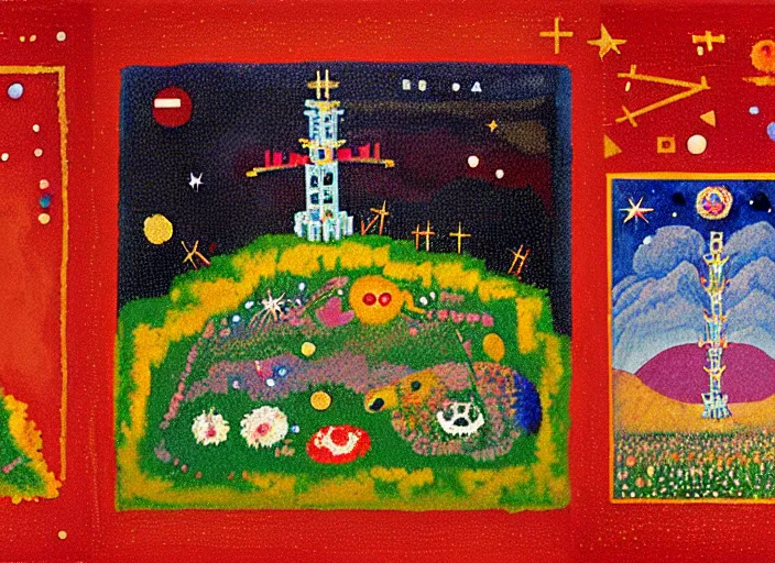 Image similar to pixel decollage painting tarot lovers card composition tower of babel road red armor maggot bear and wonky alien frog skeleton knight on a horse in a dark red cloudy night sky with golden foil jewish stars and diamonds, mountain lake and blossoming field in background, painted by Mark Rothko, Helen Frankenthaler, Danny Fox and Hilma af Klint, pixelated, neo expressionism, semi naive, pastel colors, cinematic, color field painting, cave painting, voxel, pop art look, outsider art, minimalistic. Bill Traylor painting, part by Philip Guston, Amano and Francis Bacon. art by Adrian Ghenie and Storm Thorgerson, very coherent symmetrical artwork, cinematic, hyper realism, high detail, octane render, unreal engine, Smooth gradients, depth of field, full body character drawing, extremely detailed, 8k, extreme detail, intricate detail, masterpiece