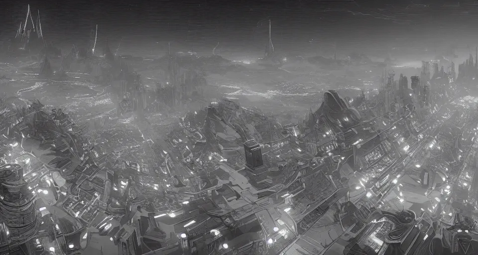 Image similar to view on futuristic city in the horizon, illustration by nicolas delort, detailed, sharp, 8 k