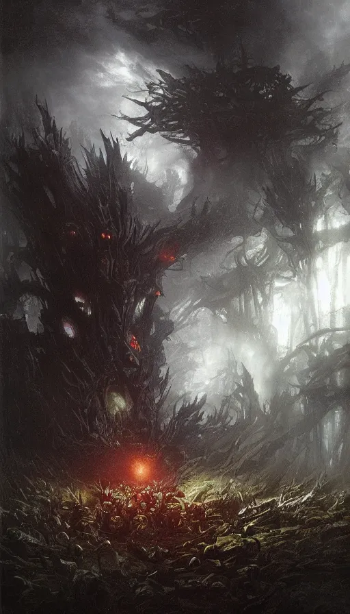 Image similar to a storm vortex made of many demonic eyes and teeth over a forest, by ruan jia