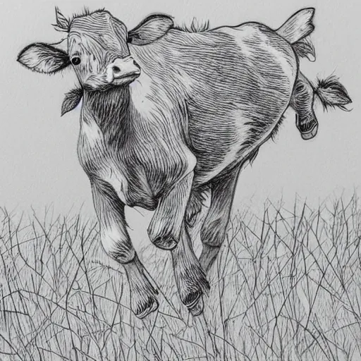 Image similar to a beautiful intricate line drawing of a cute calf running on a meadow