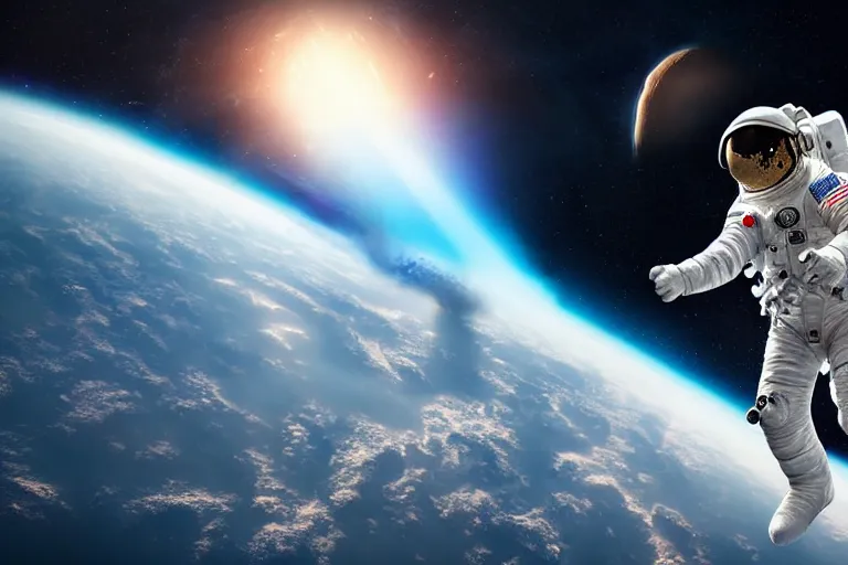 Image similar to astronaut in space wearing a spacesuit floating, meteor hitting earth in background, highly detailed, photorealistic portrait, bright studio setting, studio lighting, crisp quality and light reflections, unreal engine 5 quality render