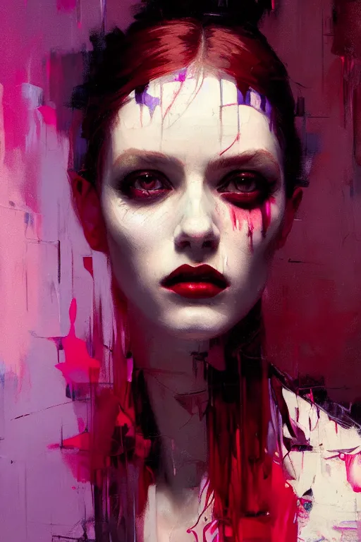 Image similar to portrait of a beautiful goth girl, shades of red and purple, beautiful face, rule of thirds, intricate outfit, spotlight, by greg rutkowski, by jeremy mann, by francoise nielly, by van gogh, digital painting