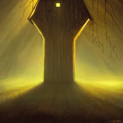 Prompt: horror beautiful painting of dark barn, light coming from it, creature dog worm standing before it in the light by john harris.