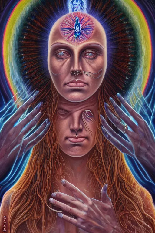 Image similar to transcendental meditation dark ritual rite stigmata cult woman, opening third eye, chakra energy waves resonating from her body, ethereal aura, epic surrealism 8k oil painting, portrait, perspective, high definition, post modernist layering, by Raymond Swanland, Barclay Shaw, Alex Grey