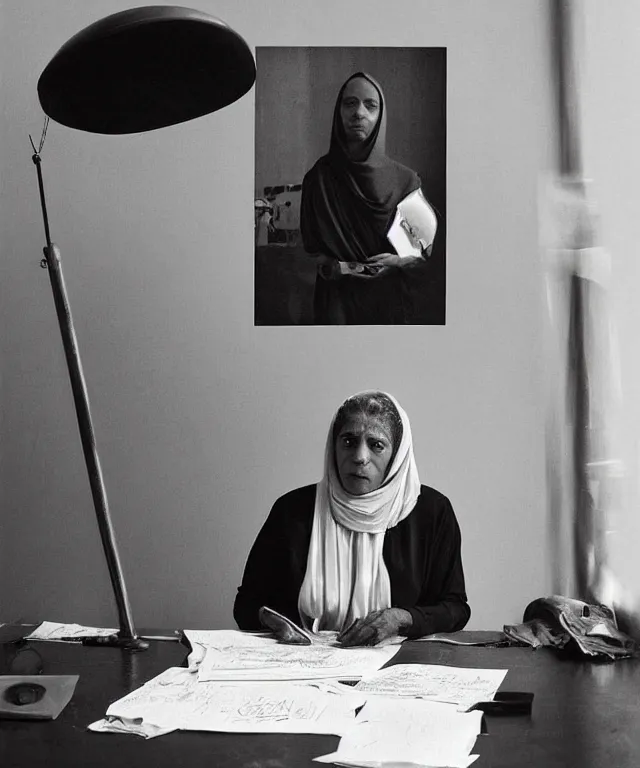 Image similar to a color photograph of persian woman in her workplace, by carrie mae weems, out of place, intense, bold, exaggerated, over proportion, hyperrealistic, ultra sharp, extra details, ultra high quality, trending on pinteresst