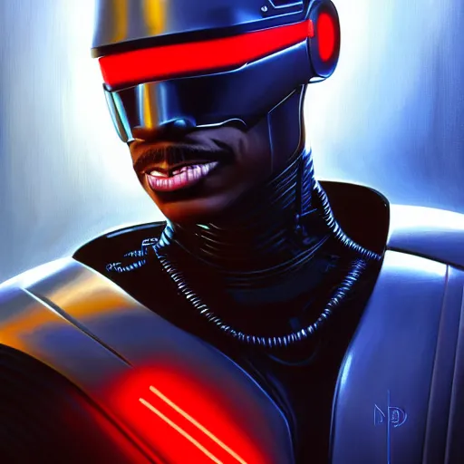 Image similar to epic painting of Cyberpunk Eddie Murphy as Beverly Hills Robocop, soft details, extremely detailed and coherent, matte painting oil on canvas by mark arian by artgerm, 4k, 8k, HD, trending on artstation