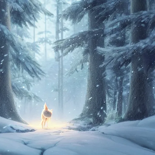 Prompt: a wholesome animation key shot of a white wolf in a snowy forest, medium shot, studio ghibli, pixar and disney animation, sharp, rendered in unreal engine 5, anime key art by greg rutkowski, bloom, dramatic lighting