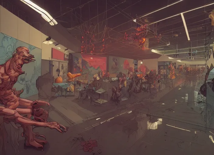 Image similar to large fancy showroom for designers, workshop. sharp focus, cinematic pose, cinematic lighting, unreal engine render. art by josan gonzales and moebius and deathburger.