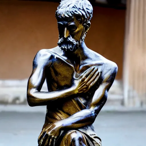 Prompt: golden statue of a beggar, realistic, detailed,