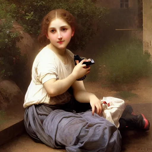 Prompt: Painting of young girl. Playing Xbox. Art by William Adolphe Bouguereau. Extremely detailed. 4K. Award winning.