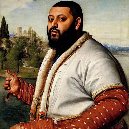 Prompt: renaissance portrait of DJ Khaled on a jetski in a river, masterpiece by Eugene de Blaas