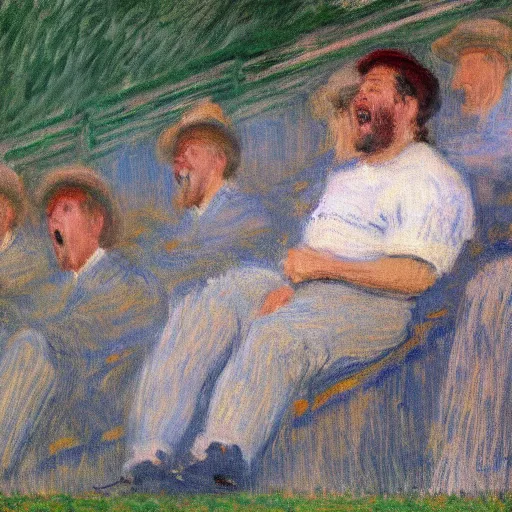 Prompt: monet painting of a man watching a soccer game, he is laughing deliriously, highly detailed, realistic,