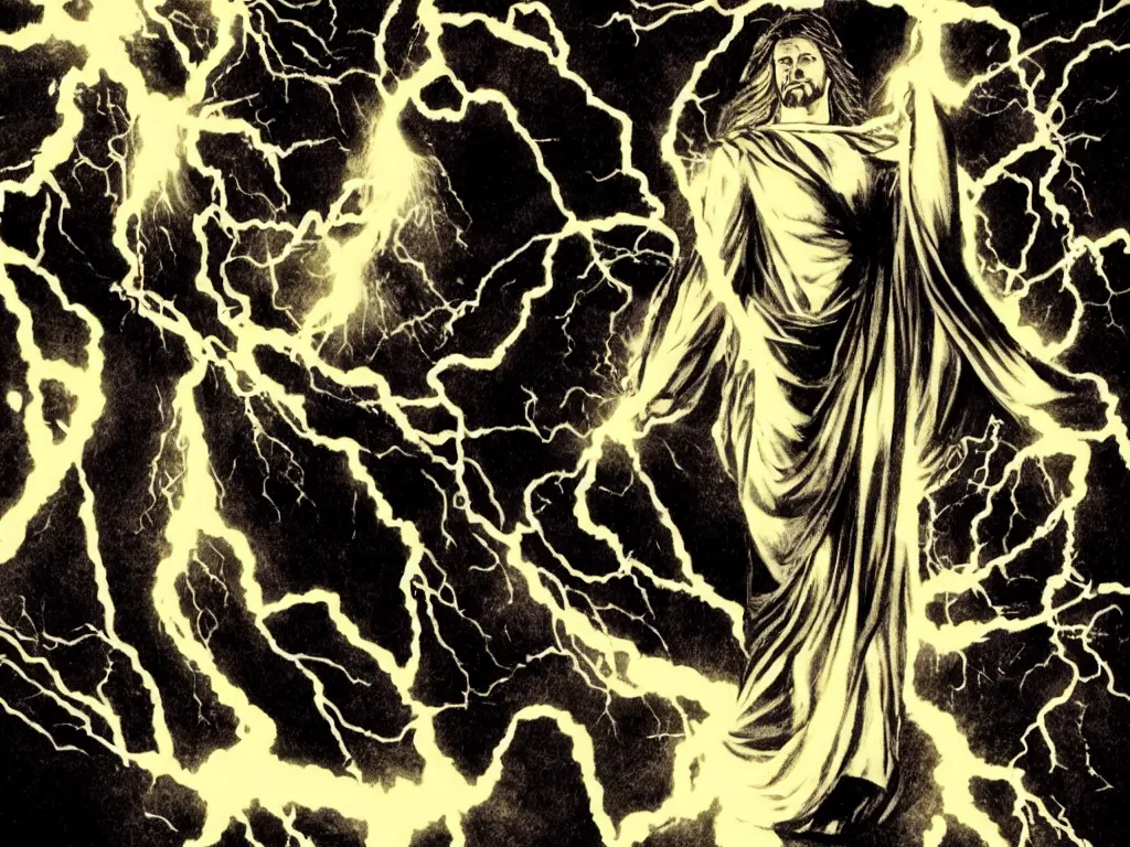 Prompt: jesus floating above the water shooting lightning out of his hands, sin city, full shot, graphic novel, symmetrical, frontal,