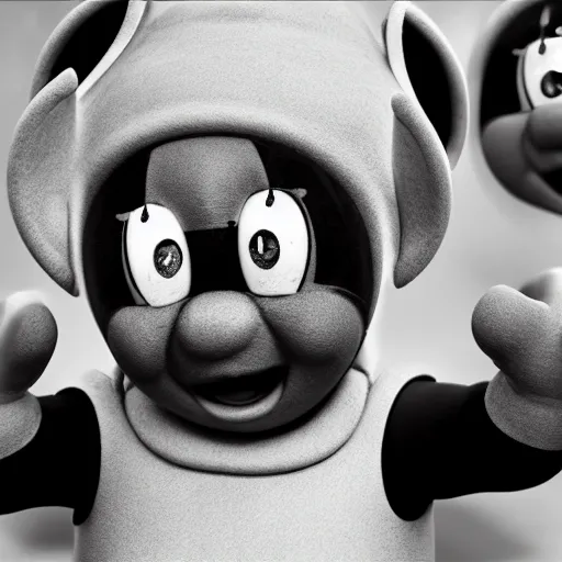 Prompt: black and white distorted Teletubbies with wide open human realistic eyes, highly detailed, sharp focus, octane render
