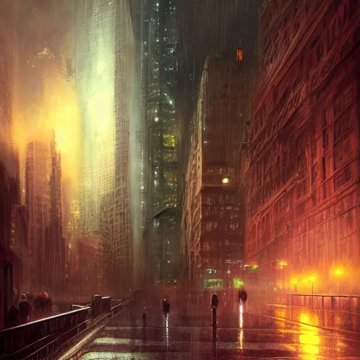 Prompt: nighttime in gotham city as a spaceship hovers above the wet pavement, street level view, light mist, fantasy, intricate, elegant, digital painting, trending on artstation, concept art, soft focus, illustration by greg rutkowski, Gaston Bussiere and artgerm, 4k.