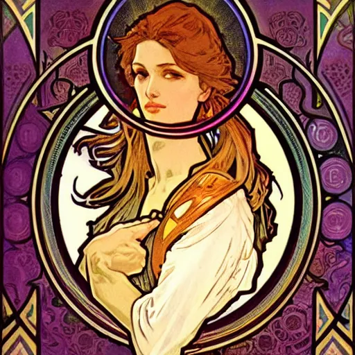 Image similar to paladin, painted by alphonse mucha