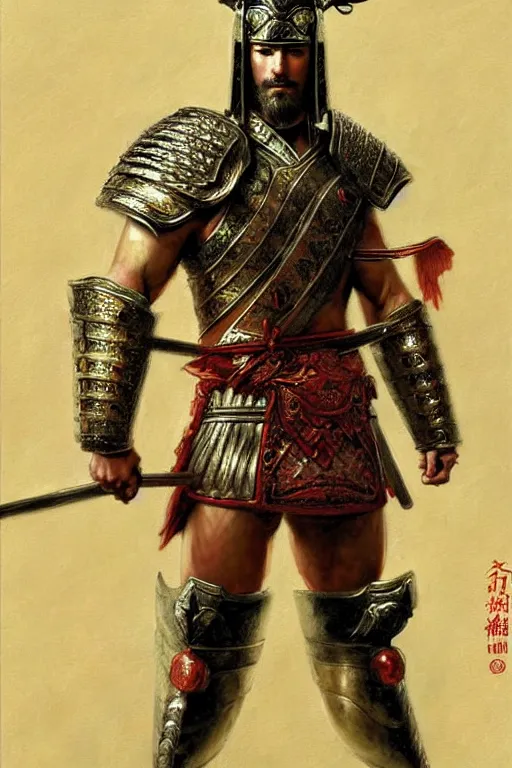 Image similar to attractive muscular male with armor, tang dynasty, three kingdoms, character design, dynamic lighting, cool and bright tint, painting by gaston bussiere, craig mullins, j. c. leyendecker, tom of finland