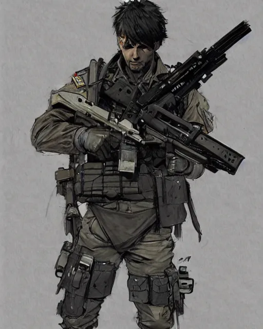 Image similar to a soldier wielding a machine gun, concept art, artstation, trending, highly detailed, smooth, focus, art by yoji shinkawa