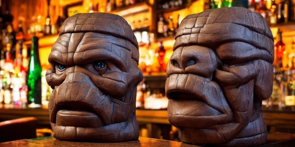 Prompt: phil spencer,, phil spencer, loseup photorealistic photograph of a ben grimm style tiki mug sitting on the bar at trader vic's with the face of ben grimm on it. fantastic four. tiki culture. bright scene. fine detail. this 4 k hd image is trending on artstation, 4 k,