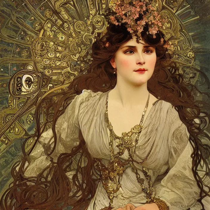 Image similar to face of a lady, portrait, highly detailed, rich, extremely opulent, ornate art, pompous, ornamental, richly detailed, digital art by alphonse mucha, ivan shishkin, adolph menzel, carvaggio