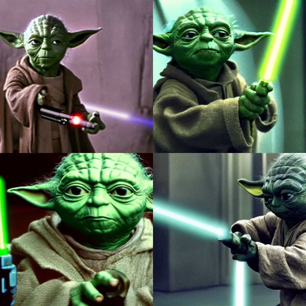 Prompt: film still of yoda robbing a bank with a lightsaber, highly detailed photo, full shot, depth of field