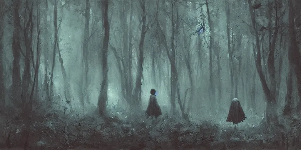 Image similar to a girl with a blue hood find a strange huge creature in the woods, ominous atmosphere, dark environment, one source of orange light. art by artem demura