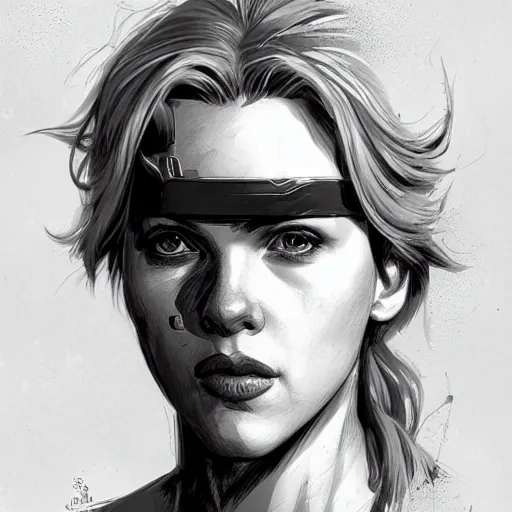 Prompt: solid snake played by by scarlett johansson, face portrait, hd shot, digital portrait, elegant, beautiful, fantasy art, artstation, comic style, by artgerm, guy denning, jakub rozalski, magali villeneuve and charlie bowater