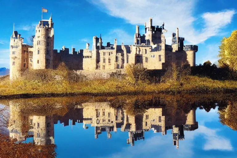 Image similar to castle, chrome, reflect, fantastic, ultra realistic!!!, clear weather, golden hour, sharp focus