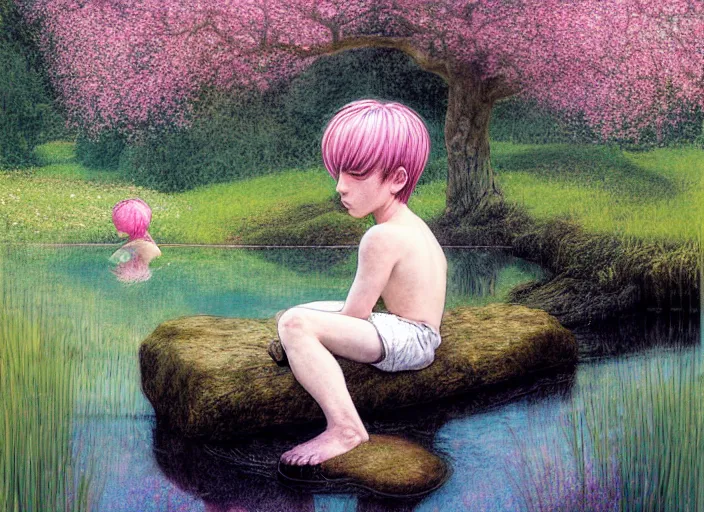 Image similar to pink haired boy backlit staring at black haired boy from across a pond, by alan lee, muted colors, springtime, colorful flowers & foliage in full bloom, sunlight filtering through trees & skin, digital art, art station cfg _ scale 9