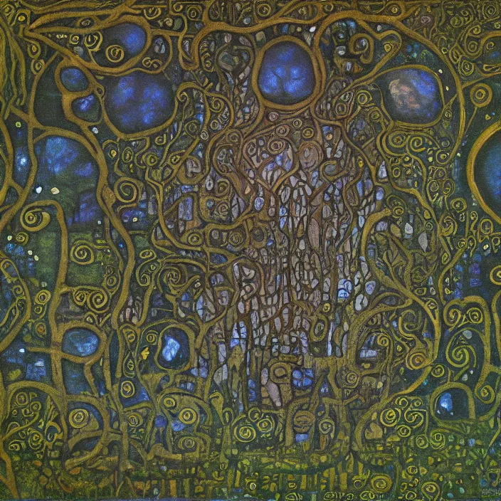 Image similar to ancient overgrown! ruins, medieval gates, indigo runestones, mysetrious etherial mesmerizing runic!! cat eyes, magical elven geometry, concept art by gustav klimt!!, deviantart contest winner, environmental art, pretty indigo flowers, fairy circles, lit by moonlight!!, high detail, intricate masterpiece